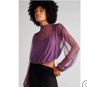 Free People Ellie Mesh Long Sleeve Blouse Top in Black Cherry